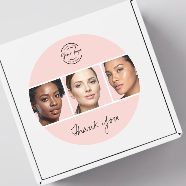 Sticker Rond Blush Pink Script Logo Photo Makeup Thank You (Créateur téléchargé)