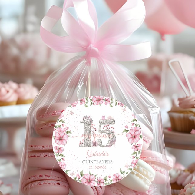 Sticker Rond Blush Pink Silver Mis Quince Quinceañera (Créateur téléchargé)