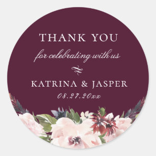 Sticker Rond Blush Plum Floral Wedding Favoriser