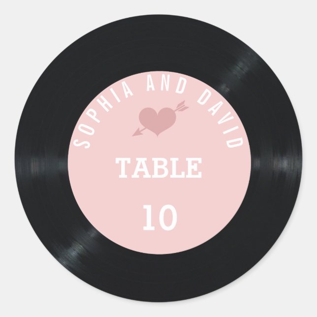 Sticker Rond Blush Retro Vinyl Record Mariage Numéro de table (Devant)