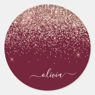 Sticker Rond Blush rose burgundy pailleté Monogramme Or Rose
