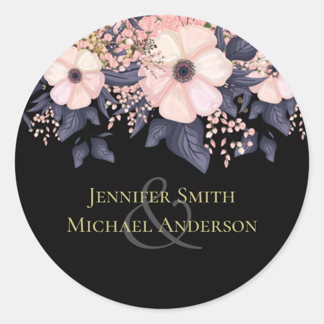 Sticker Rond Blush Rose Dusty Bleu Noir Mariage Budget Floral (Devant)