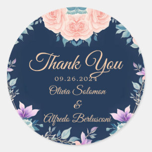 Sticker Rond Blush rose et bleu marine Floral élégant moderne