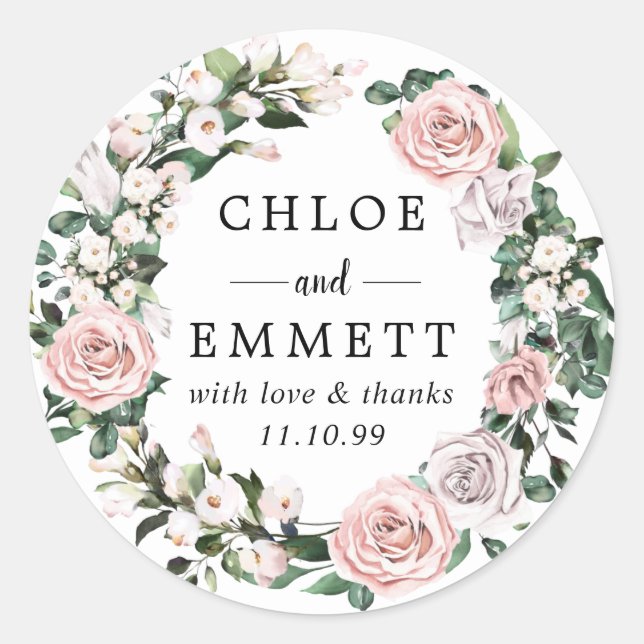 Sticker Rond Blush rose et Lavender Rose Wreath Wedding Favor (Devant)