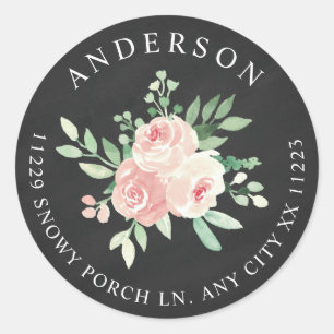 Sticker Rond Blush rose floral adresse de retour tableau noir