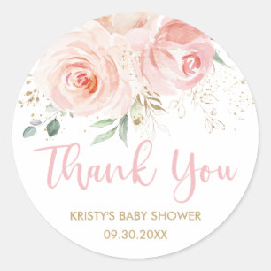 Sticker Rond Blush rose Floral Or Baby shower nuptial Favoriser