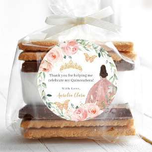 Sticker Rond Blush rose Floral Quinceañera Sweet 16 Anniversair