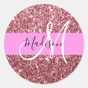 Sticker Rond Blush Rose Glitter Monogramme Rose Doré Pailleté