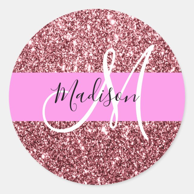 Sticker Rond Blush Rose Glitter Monogramme Rose Doré Pailleté (Devant)