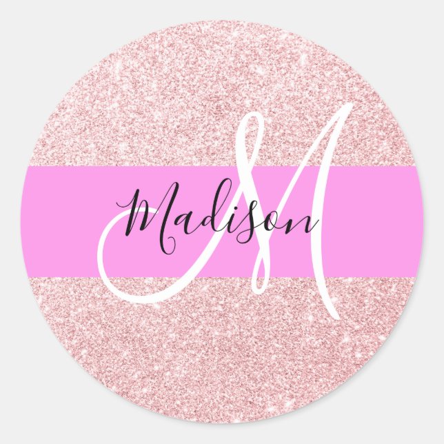 Sticker Rond Blush Rose Glitter Monogramme Rose Doré Pailleté (Devant)