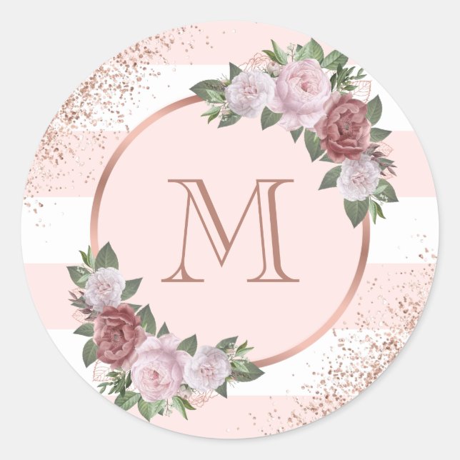 Sticker Rond Blush Rose Gold Floral Monogramme (Devant)