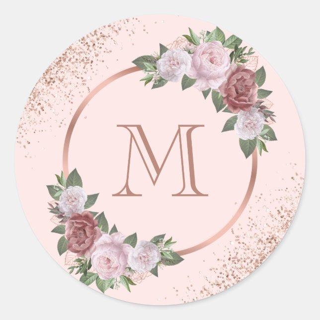 Sticker Rond Blush Rose Gold Floral Monogramme (Devant)