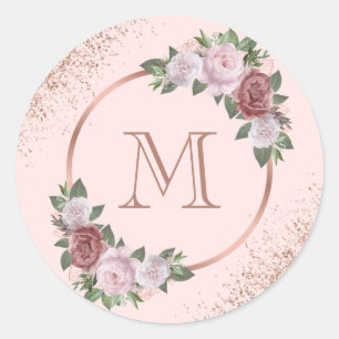 Sticker Rond Blush Rose Gold Floral Monogramme
