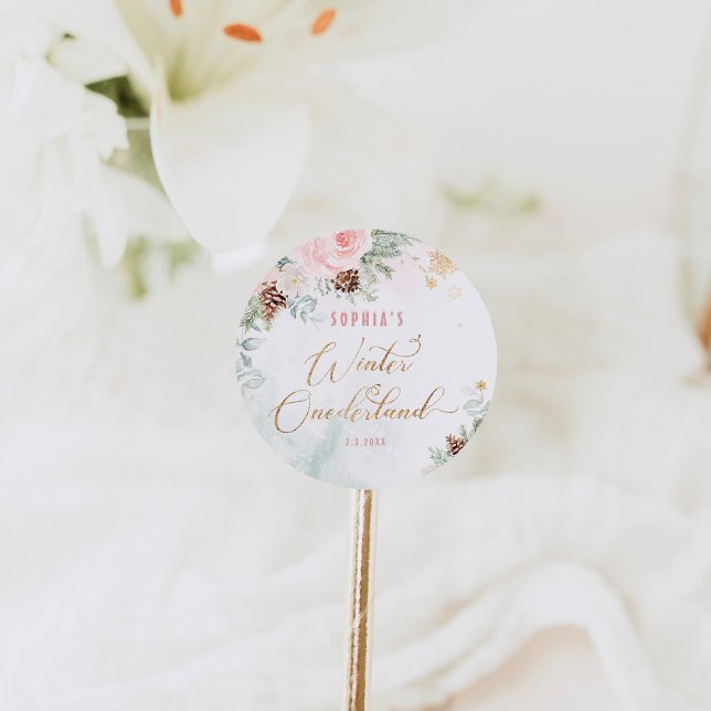 Sticker Rond Blush rose hiver onederland fille anniversaire (Créateur téléchargé)