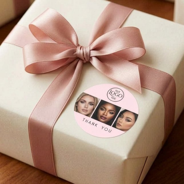 Sticker Rond Blush Rose Logo Photo Maquillage Merci (Blush Pink with Black Script, Logo, Photo Thank you Sticker)