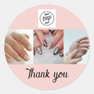 Sticker Rond Blush Rose Logo Script Noir Photo Ongle Merci