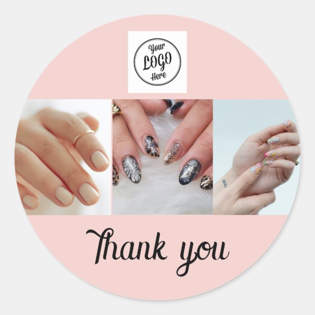 Sticker Rond Blush Rose Logo Script Noir Photo Ongle Merci (Devant)