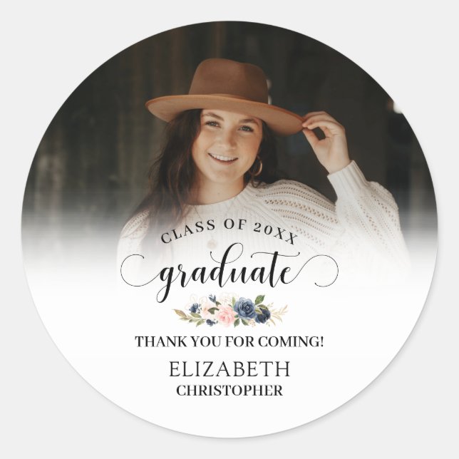 Sticker Rond Blush Rose Marine Floral Photo Graduation Merci (Devant)