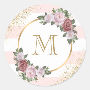 Sticker Rond Blush rose monogrammé or Confetti floral