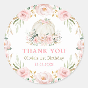 Sticker Rond Blush Rose or Floral Citrouille Baby Girl Birthday