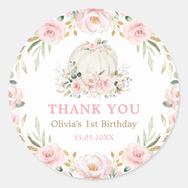 Sticker Rond Blush Rose or Floral Citrouille Baby Girl Birthday (Devant)
