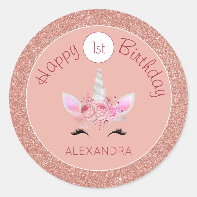 Sticker Rond Blush Rose Rose Gold Parties scintillant Unicorn 1 (Devant)