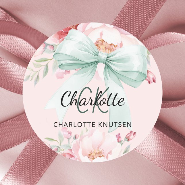 Sticker Rond Blush rose sauge vert bow florales monogramme (Créateur téléchargé)