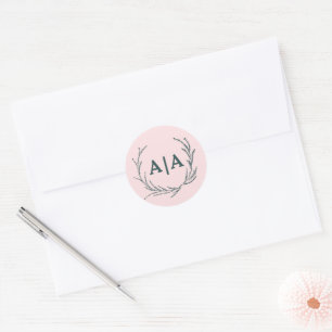 Sticker Rond Blush & Slate Gris Monogramme Floral Subtil