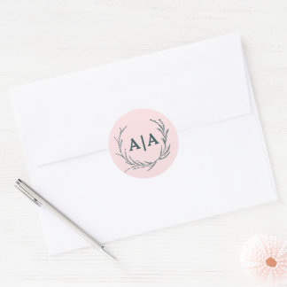 Sticker Rond Blush & Slate Gris Monogramme Floral Subtil