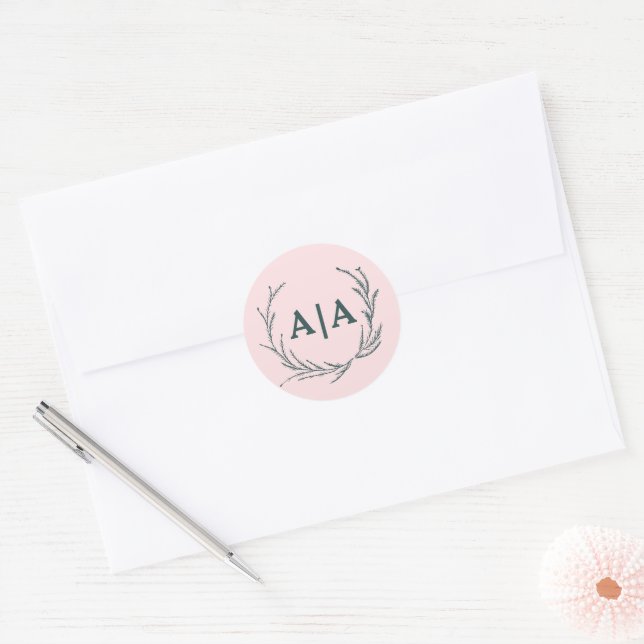 Sticker Rond Blush & Slate Gris Monogramme Floral Subtil (Enveloppe)