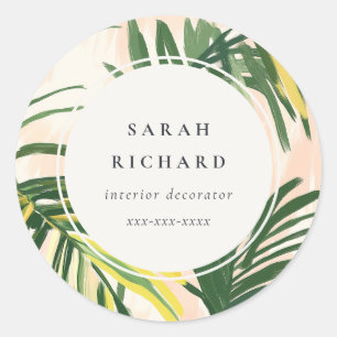 Sticker Rond Blush Vert Tropical Chic Bohème Feuilles de Palmie
