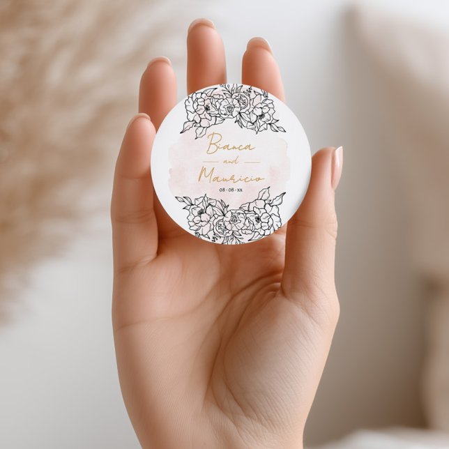Sticker Rond Blush Watercolor with Elegant Black Floral (Blush Watercolor with Elegant Black Floral Classic Round Sticker)