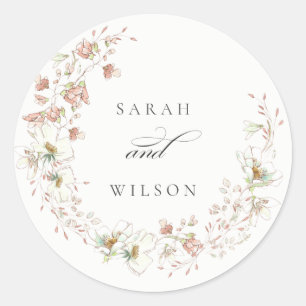 Sticker Rond Blush White Rustic Meadow Floral Wreath Mariage