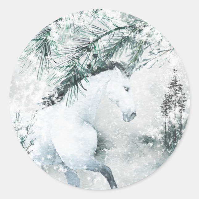 Sticker Rond Blustering Winter Woodland Forest White Horse (Devant)
