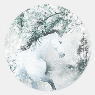Sticker Rond Blustering Winter Woodland Forest White Horse