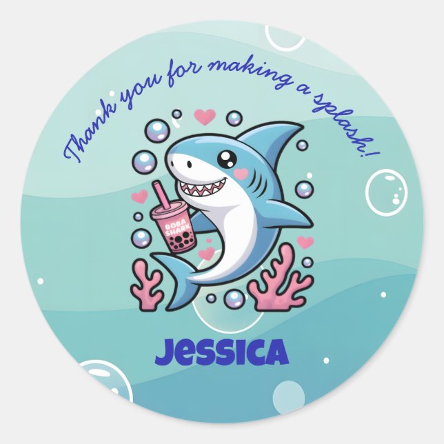 Sticker Rond Boba Shark Cute Kawaii Merci rose (Devant)