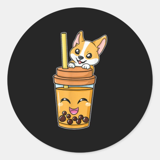 Sticker Rond Boba Tapioca Perles Bubble Lait Thé Boire Corgi (Devant)