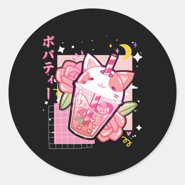 Sticker Rond Boba Tea Cat Bubble Tea Kawaii Anime Japonais Nage (Devant)