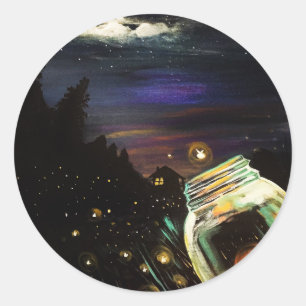 Sticker Rond Bocal Mason Lucioles Cottage Clair de Lune Nuit En