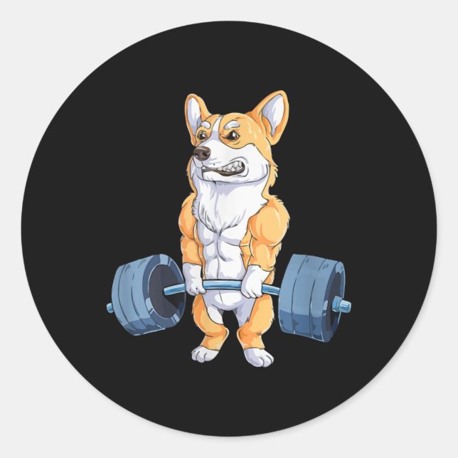 Sticker Rond Bodybuilder Corgi de levage d'alimentation (Devant)