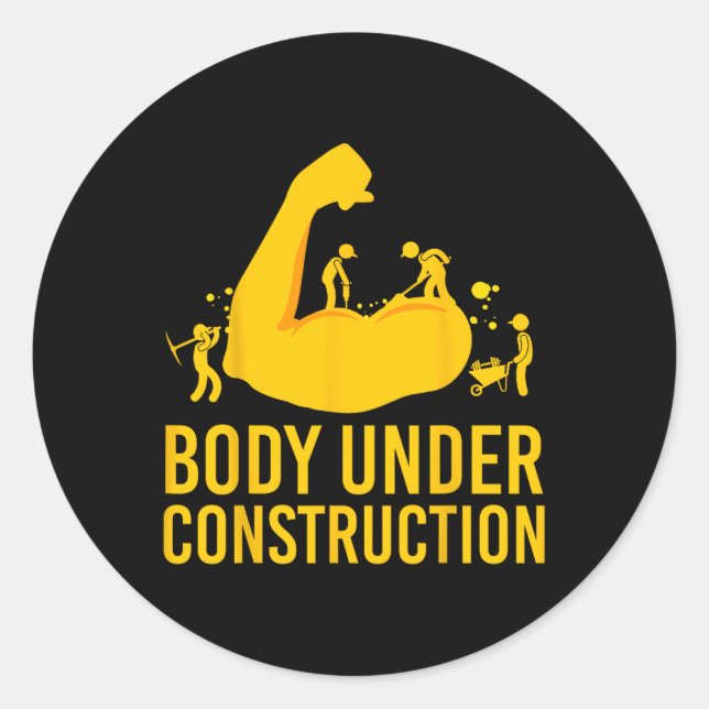 Sticker Rond Bodybuilder corps en construction Funny Gym corps (Devant)