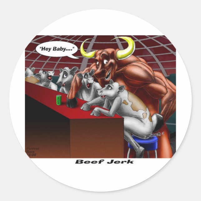 Sticker Rond Boeuf Origines Jerky Drôle Vache et Bull Dons de d (Devant)