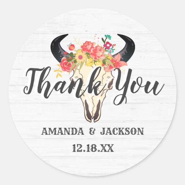 Sticker Rond Bohème Chic Crâne de vache Floral Mariage Merci (Devant)