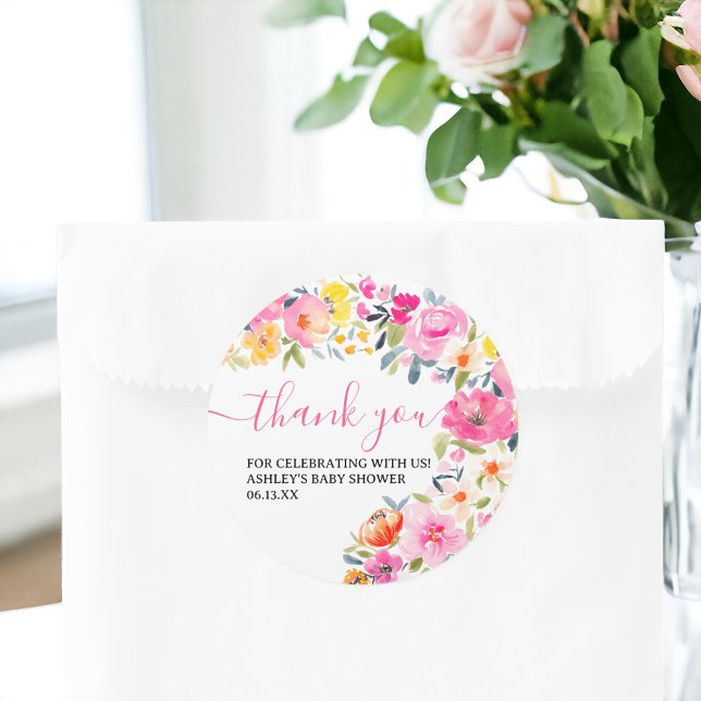 Sticker Rond Bohème fleuri aquarelle merci gras (Bohemian bold floral watercolor thank you classic round sticker)