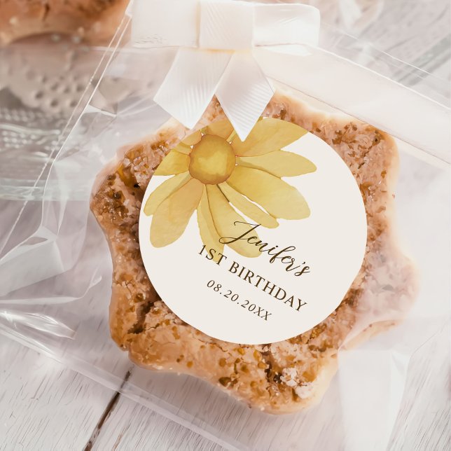 Sticker Rond Bohème Jaune Daisy Floral 1er Anniversaire (Créateur téléchargé)