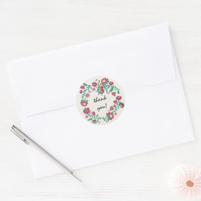 Sticker Rond Bohème turquoise fleurs florales wreath merci (Enveloppe)