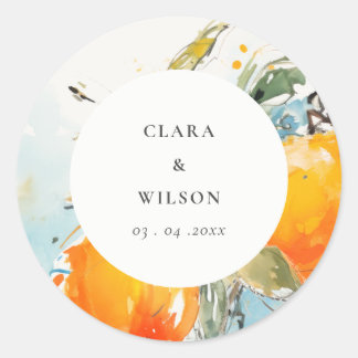 Sticker Rond Boho Abstrait Sketchy Orange Garden Mariage