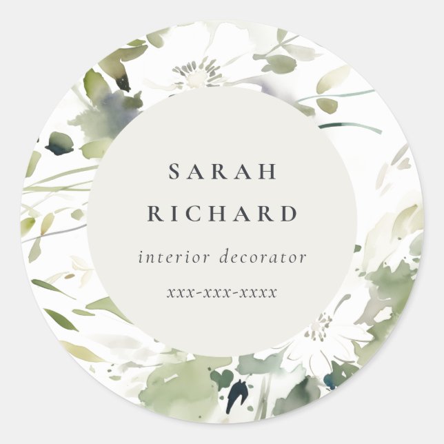 Sticker Rond Boho Abstrait Vert Blanc Floral (Devant)