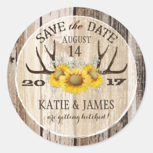 Sticker Rond Boho Antler Sunflower Wood Enregistrer la date