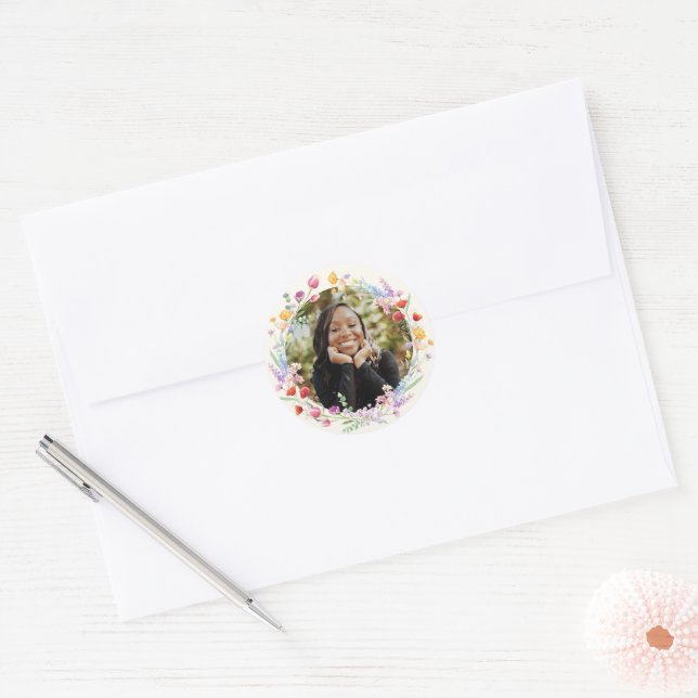 Sticker Rond Boho Aquarelle Floral Graduation Photo (Enveloppe)